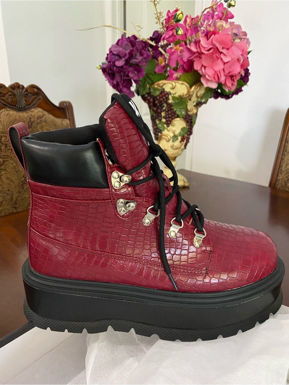 Platform Croc-Embossed Ankle Boot in Burgundy.